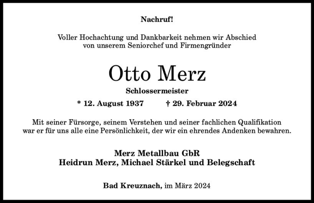  Traueranzeige für Otto Merz vom 02.03.2024 aus Allgemeine Zeitung Bad Kreuznach
