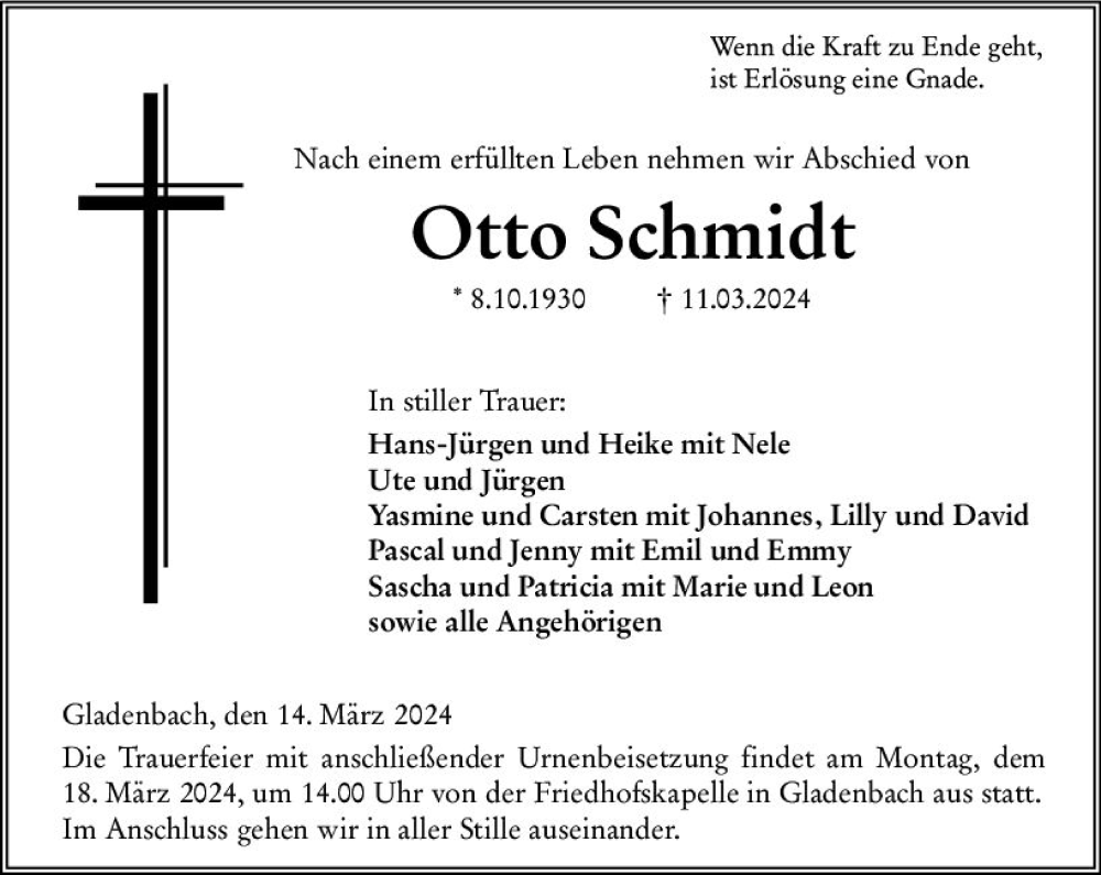 Traueranzeige für Otto Schmidt vom 15.03.2024 aus Hinterländer Anzeiger