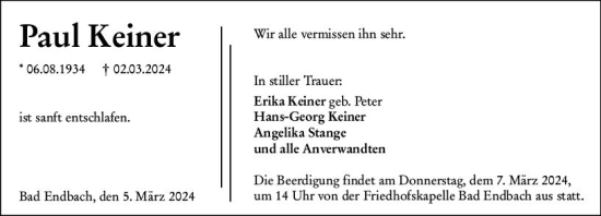Traueranzeige von Paul Keiner von Hinterländer Anzeiger