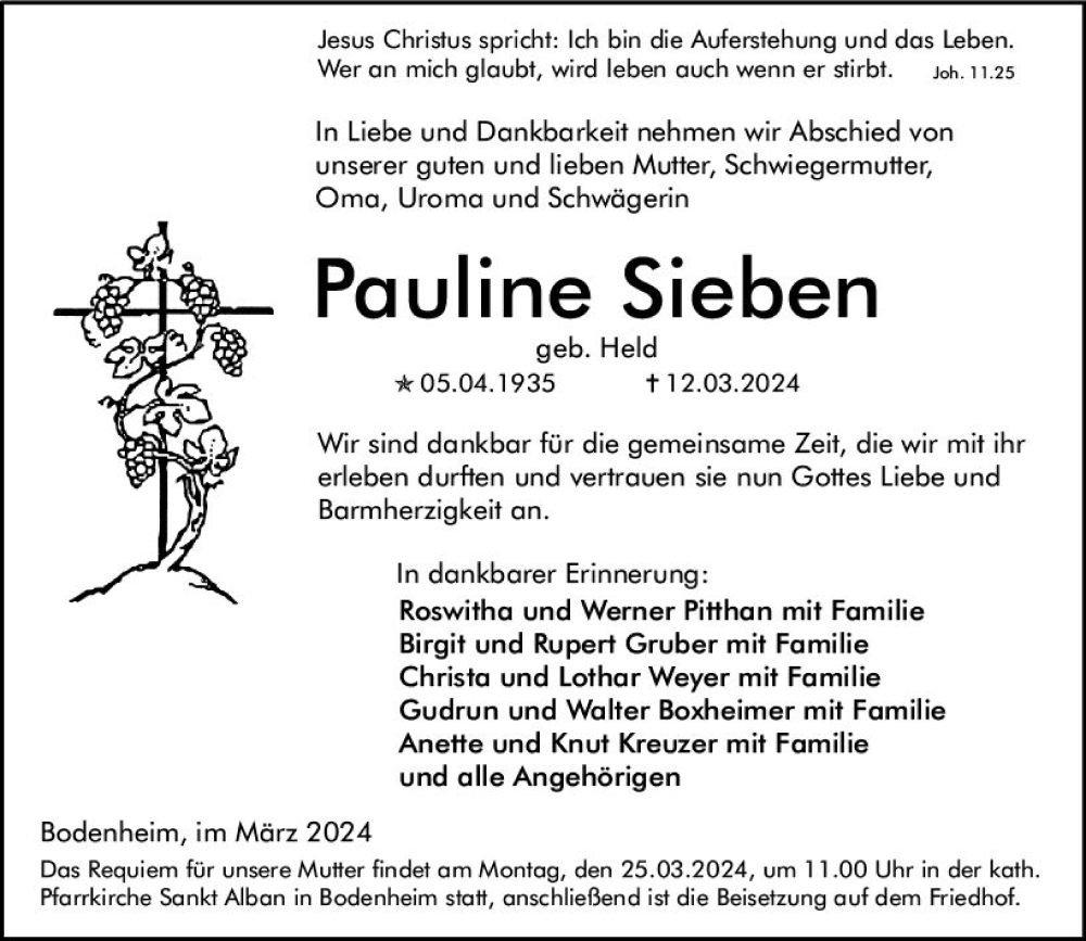  Traueranzeige für Pauline Sieben vom 23.03.2024 aus Allgemeine Zeitung Mainz