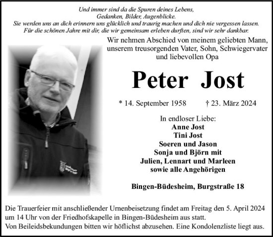 Traueranzeige von Peter Jost von Allgemeine Zeitung Bingen/Ingelheim