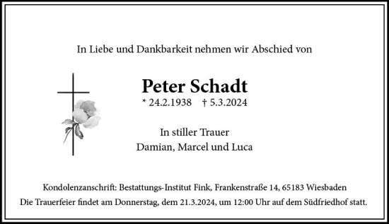Traueranzeige von Peter Schadt von Wiesbadener Kurier