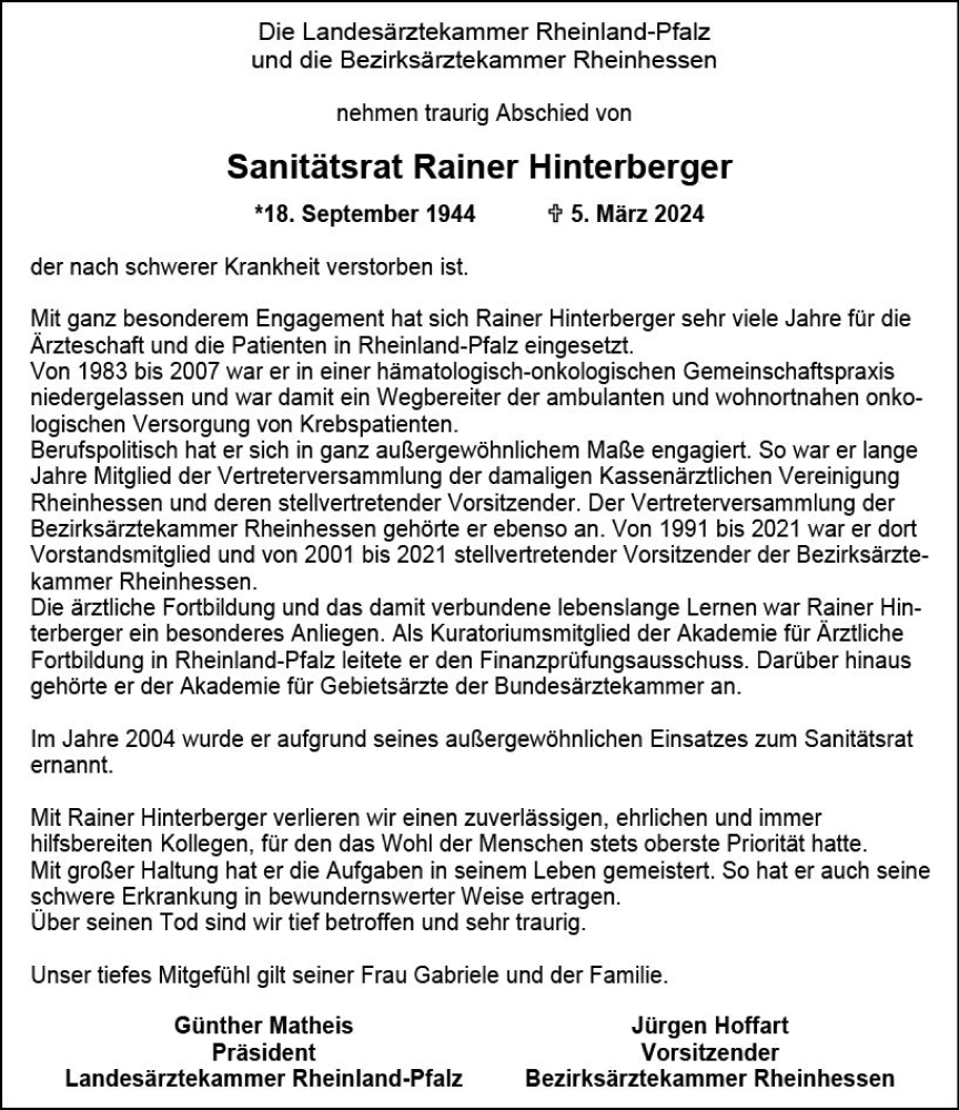  Traueranzeige für Rainer Hinterberger vom 16.03.2024 aus Wiesbadener Kurier