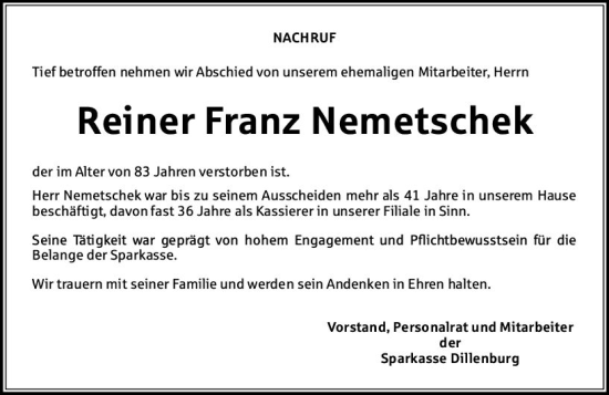 Traueranzeige von Reiner Franz Nemetschek von Dill Block