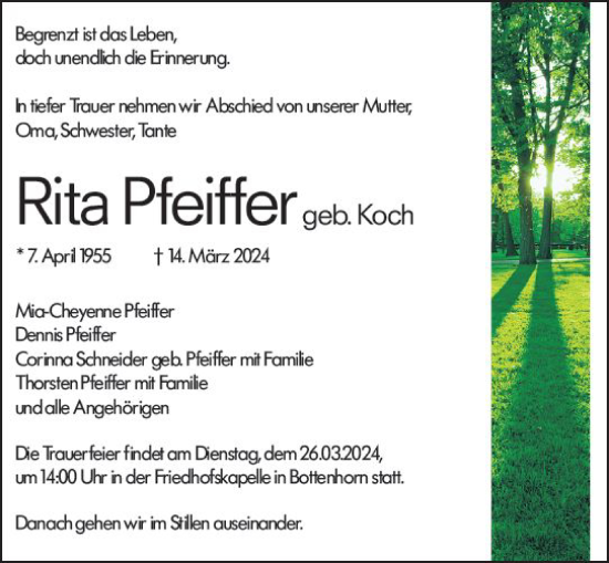 Traueranzeige von Rita Pfeiffer von Hinterländer Anzeiger