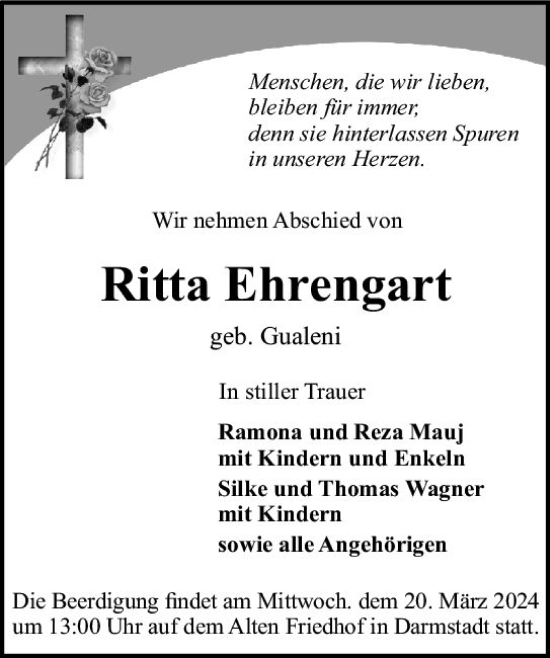 Traueranzeige von Ritta Ehrengart von Darmstädter Echo