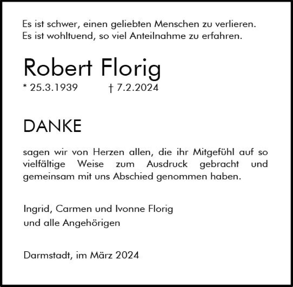  Traueranzeige für Robert Florig vom 16.03.2024 aus Darmstädter Echo