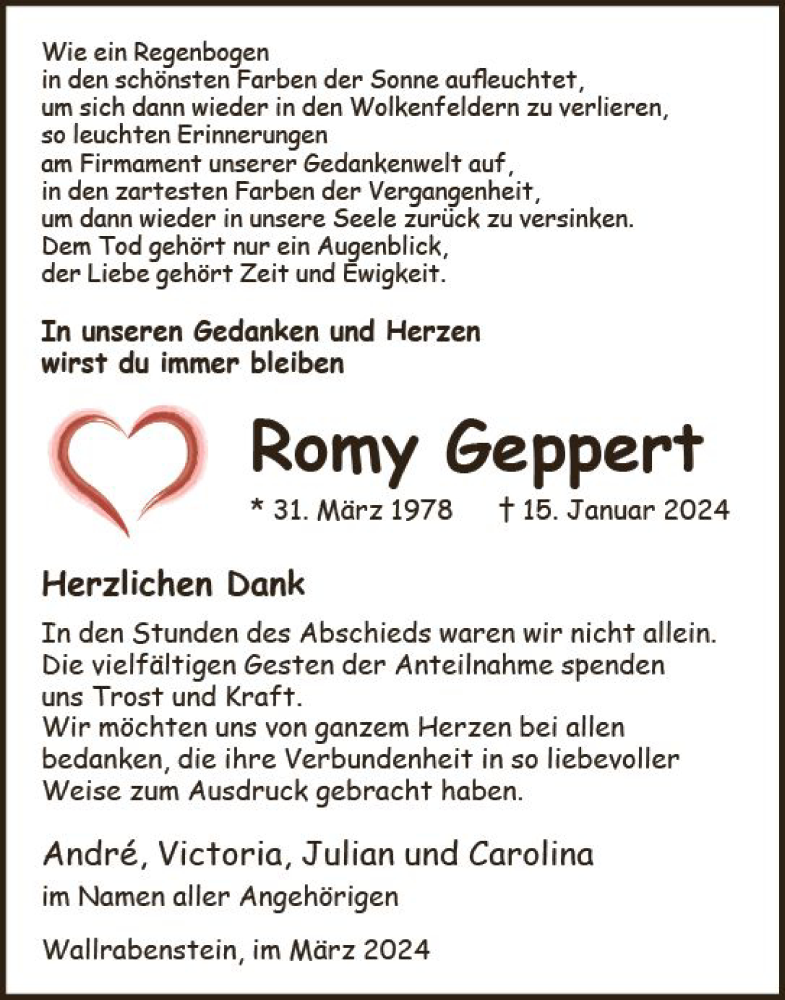  Traueranzeige für Romy Geppert vom 09.03.2024 aus Wiesbadener Kurier