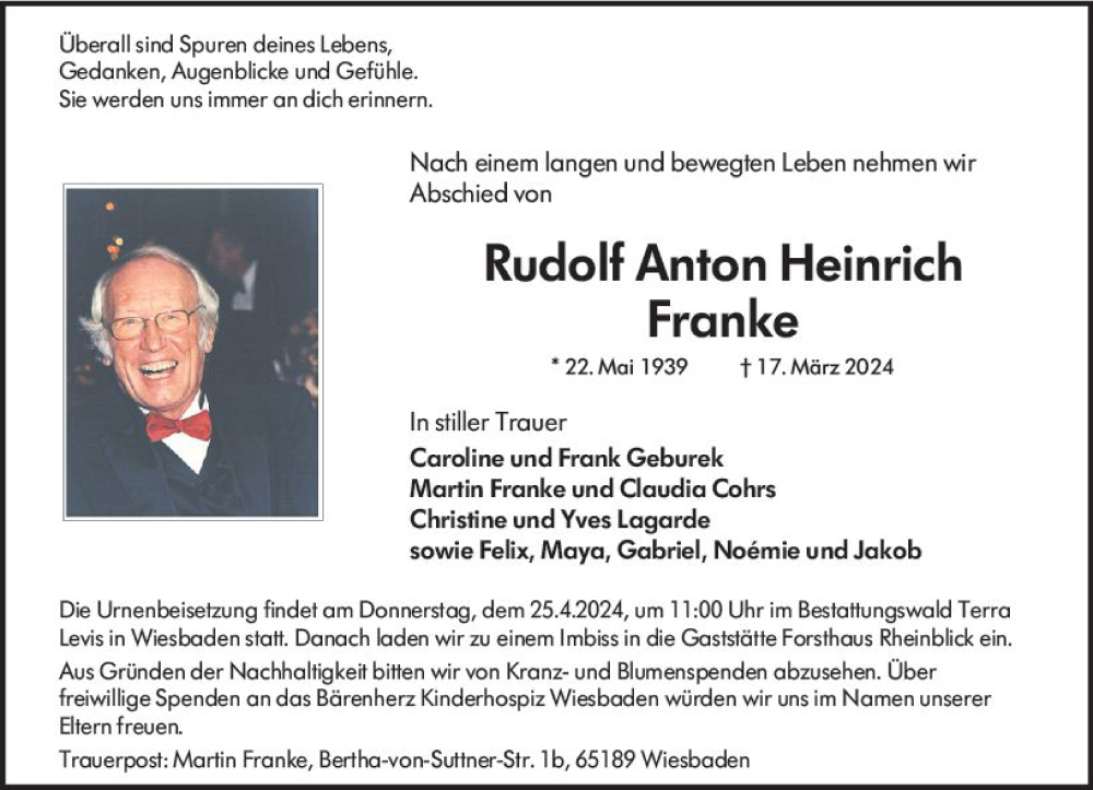  Traueranzeige für Rudolf Anton Heinrich Franke vom 30.03.2024 aus Wiesbadener Kurier