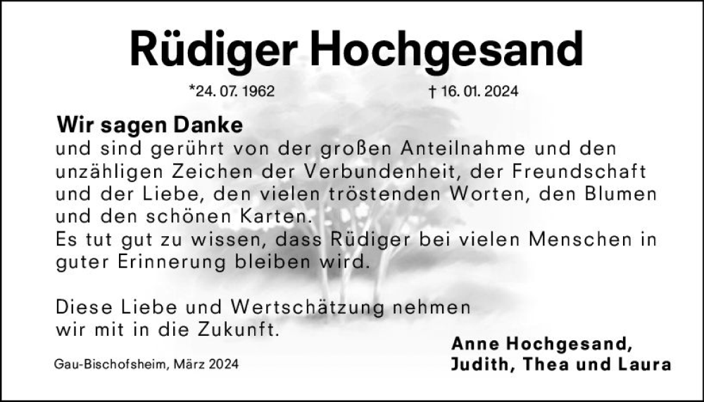 Traueranzeige für Rüdiger Hochgesand vom 09.03.2024 aus Allgemeine Zeitung Mainz