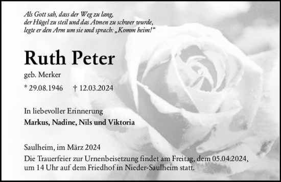 Traueranzeige von Ruth Peter von Allgemeine Zeitung Alzey