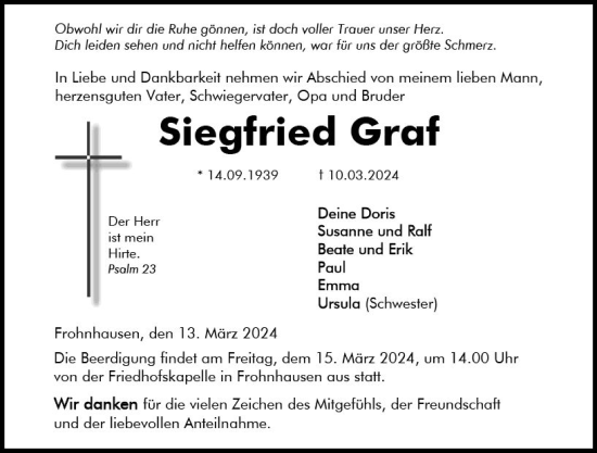 Traueranzeige von Siegfried Graf von Dill Block