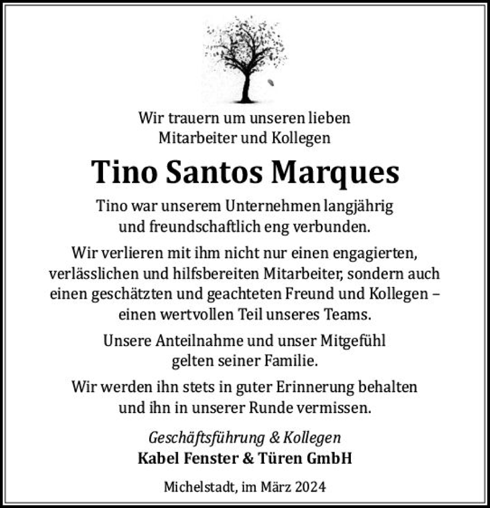  Traueranzeige für Tino Santos Marques vom 23.03.2024 aus Odenwälder Echo