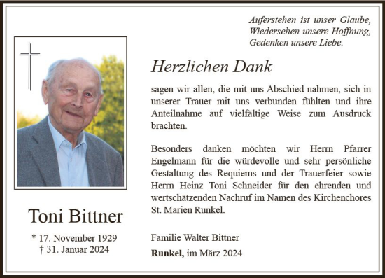 Traueranzeige von Toni Bittner von Weilburger Tageblatt