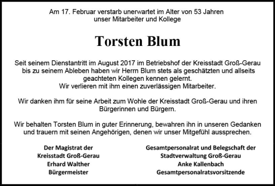 Traueranzeige von Torsten Blum von Groß-Gerauer Echo