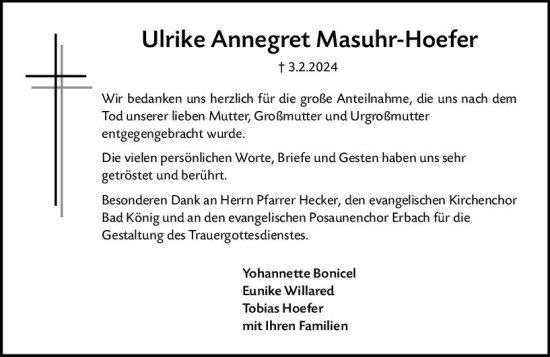 Traueranzeige von Ulrike Annegret Masuhr-Hoefer von Odenwälder Echo
