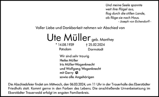 Traueranzeige von Ute Müller von Darmstädter Echo