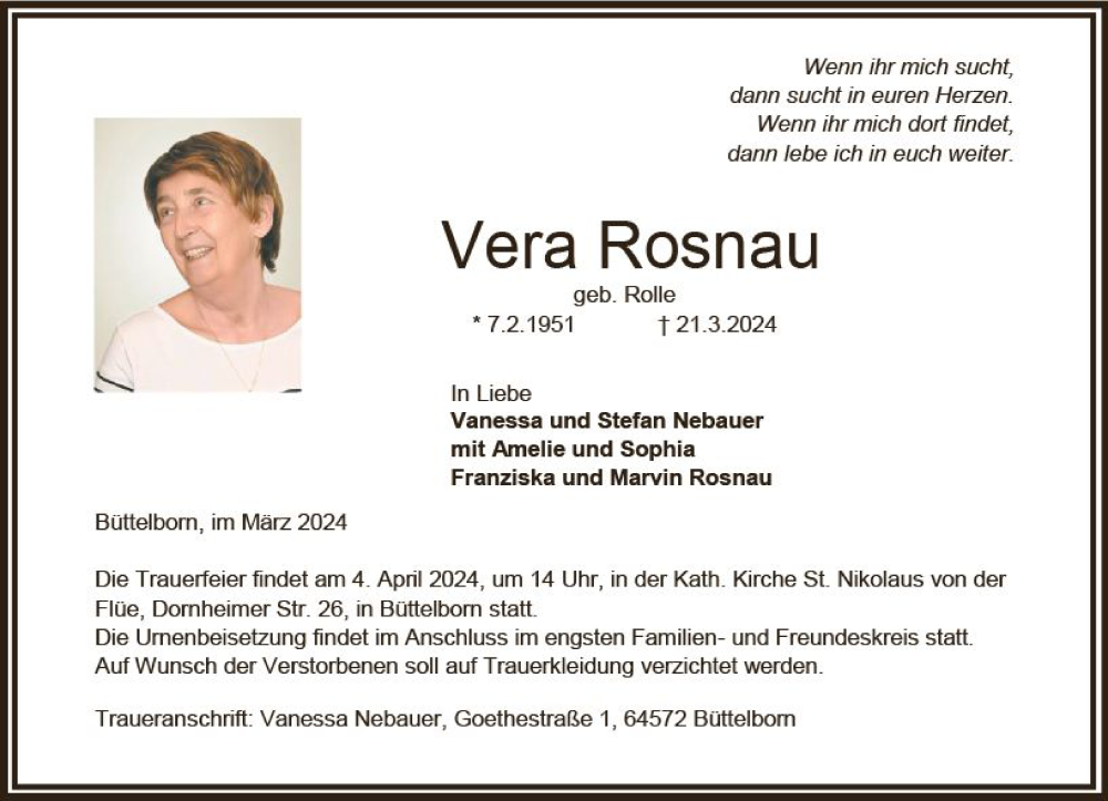  Traueranzeige für Vera Rosnau vom 30.03.2024 aus Groß-Gerauer Echo