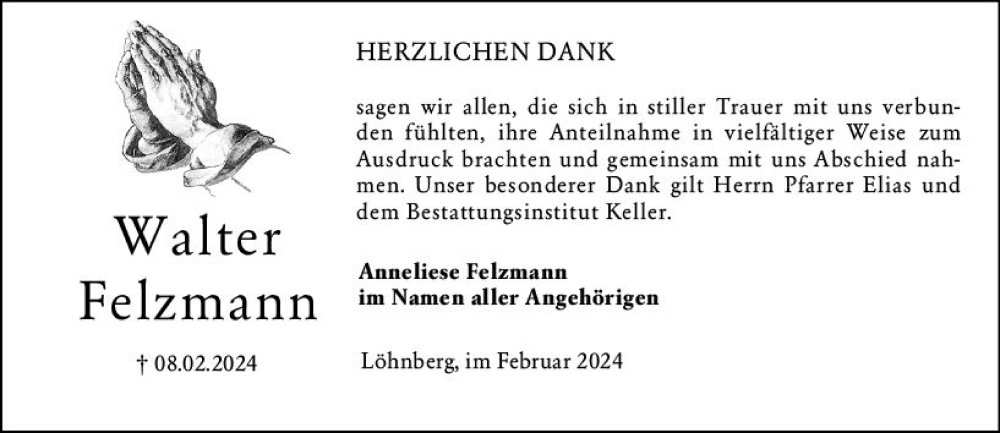  Traueranzeige für Walter Felzmann vom 02.03.2024 aus Weilburger Tageblatt
