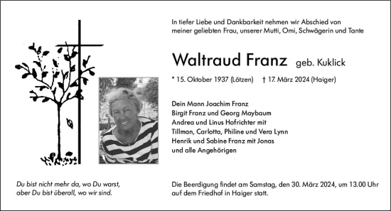 Traueranzeige von Waltraud Franz von Dill Block