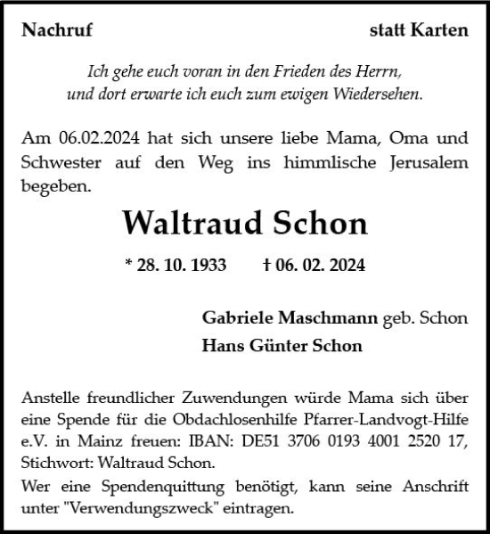 Traueranzeige von Waltraud Schon von Allgemeine Zeitung Mainz
