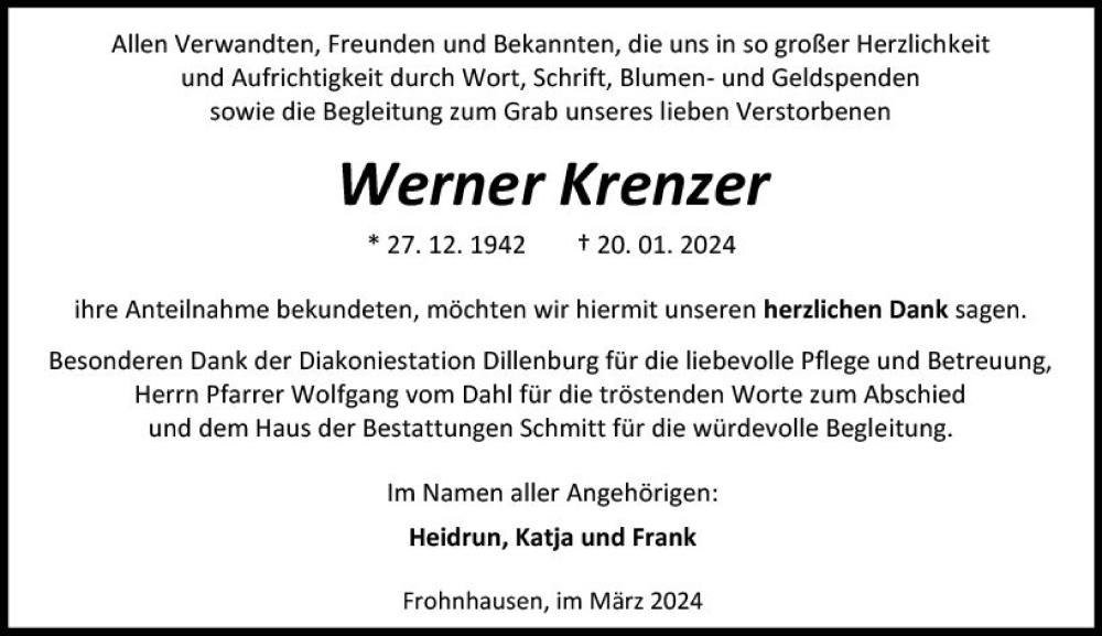  Traueranzeige für Werner Krenzer vom 02.03.2024 aus Dill Block