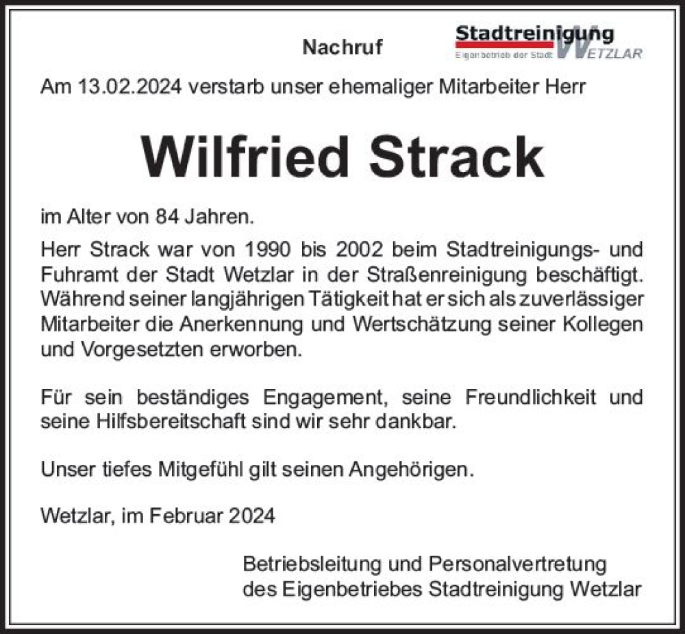  Traueranzeige für Wilfried Strack vom 02.03.2024 aus Wetzlarer Neue Zeitung