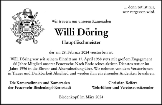 Traueranzeige von Willi Döring von Hinterländer Anzeiger