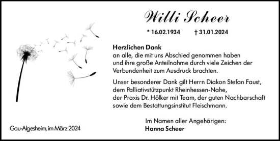 Traueranzeige von Willi Scheer von Allgemeine Zeitung Bingen/Ingelheim