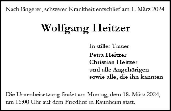 Traueranzeige von Wolfgang Heitzer von Rüsselsheimer Echo