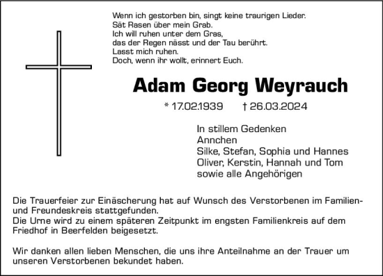 Traueranzeige von Adam Georg Weyrauch von Odenwälder Echo