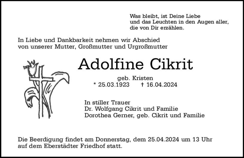  Traueranzeige für Adolfine Cikrit vom 20.04.2024 aus Darmstädter Echo