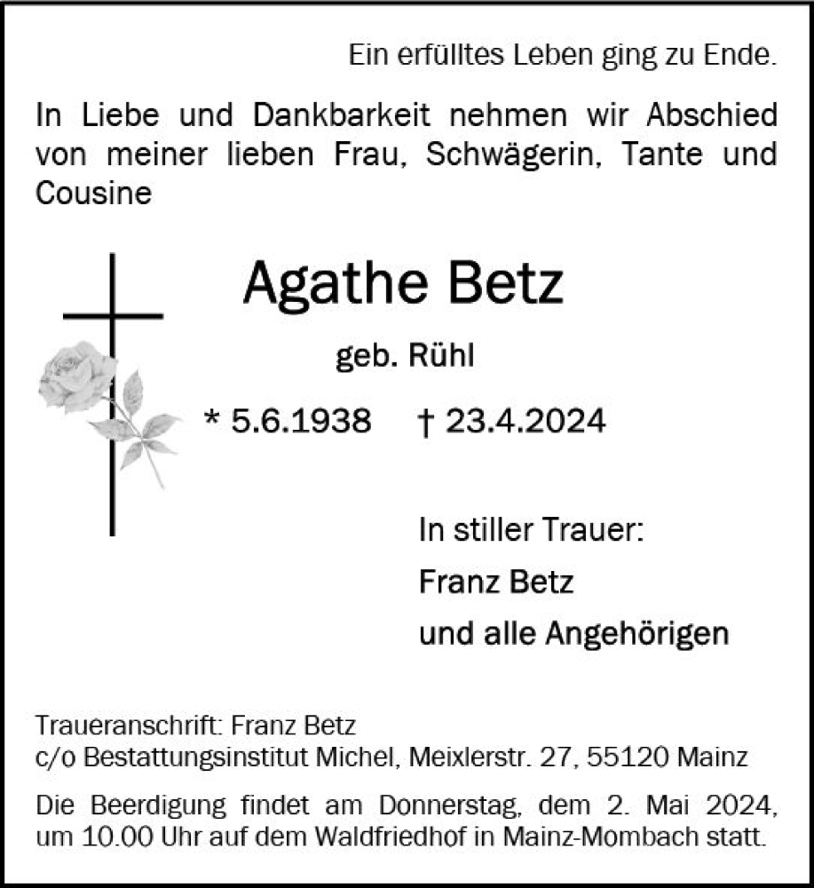  Traueranzeige für Agathe Betz vom 27.04.2024 aus Allgemeine Zeitung Mainz