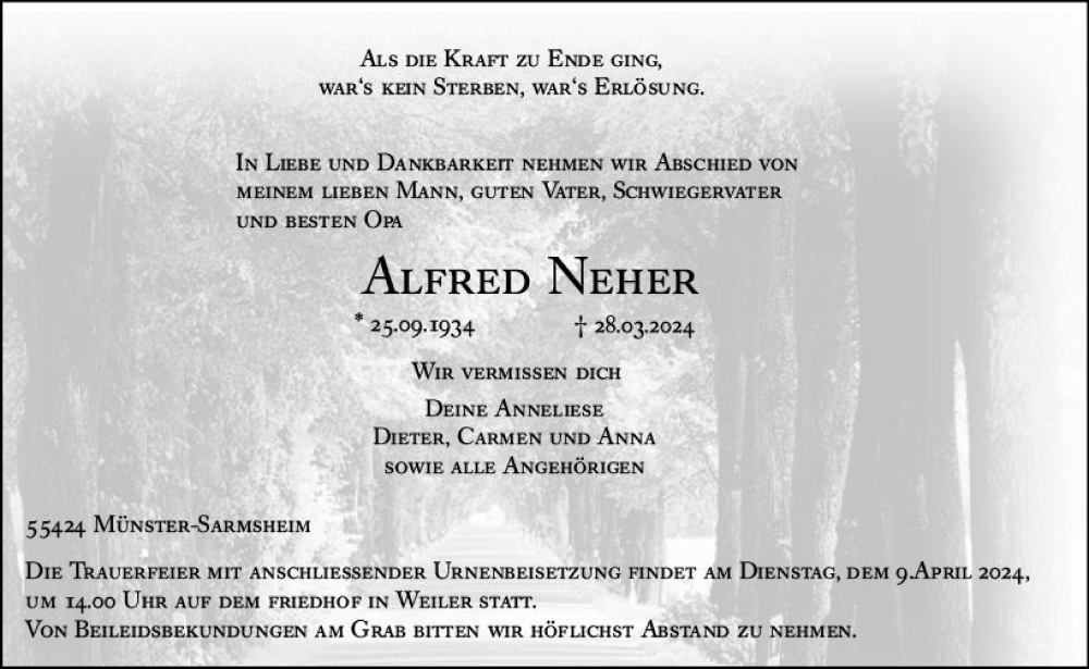  Traueranzeige für Alfred Neher vom 03.04.2024 aus Allgemeine Zeitung Bingen/Ingelheim