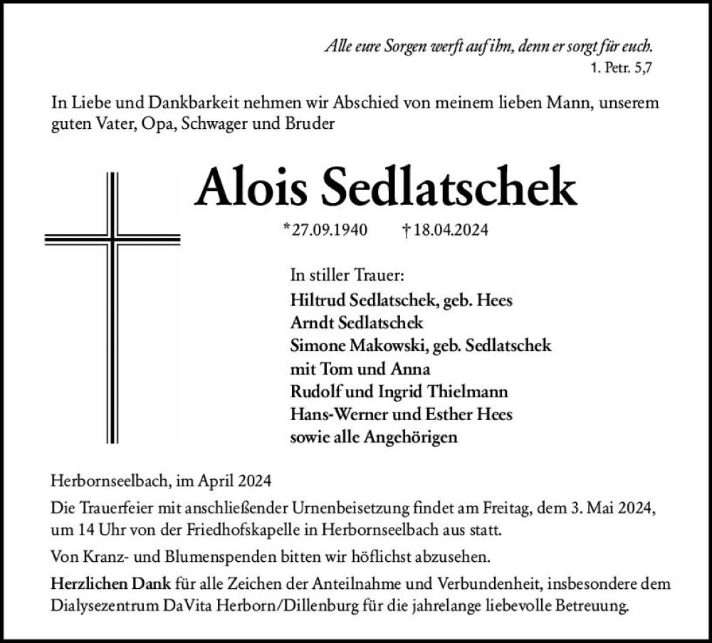  Traueranzeige für Alois Sedlatschek vom 29.04.2024 aus Dill Block