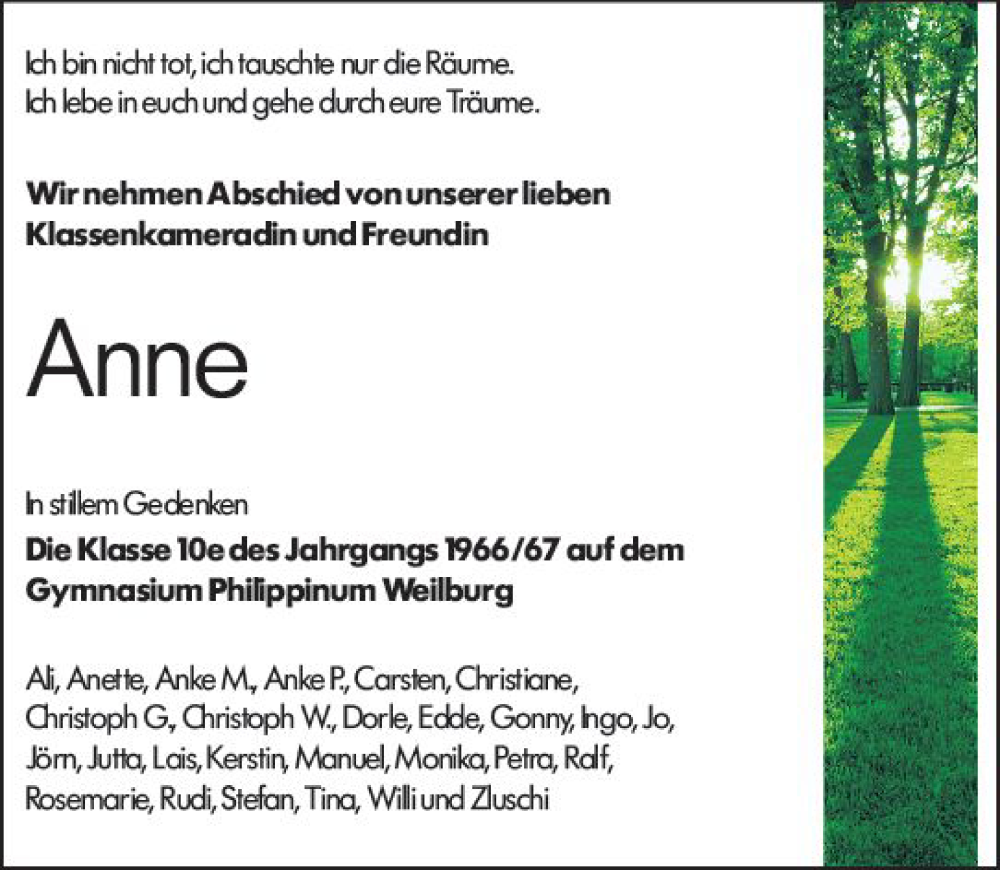  Traueranzeige für Anne  vom 03.04.2024 aus Weilburger Tageblatt