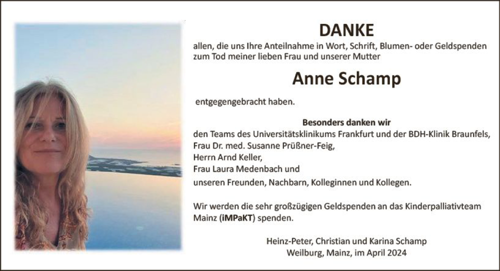  Traueranzeige für Anne Schamp vom 13.04.2024 aus Weilburger Tageblatt