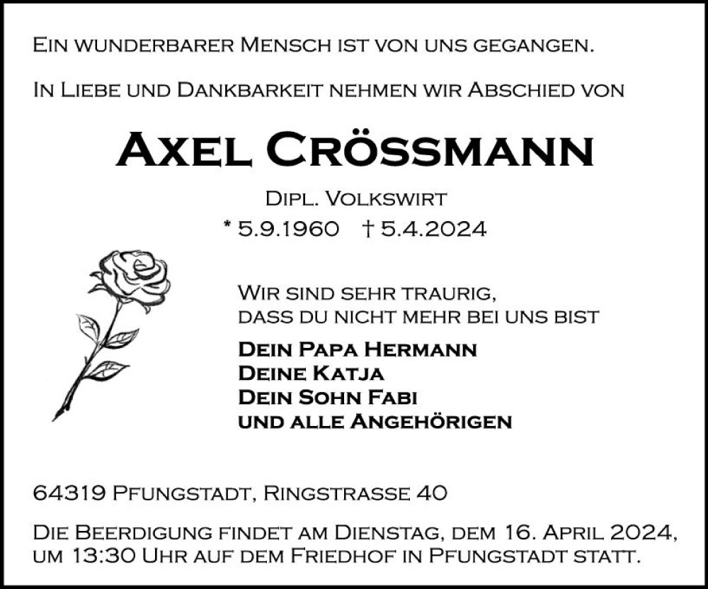  Traueranzeige für Axel Crössmann vom 13.04.2024 aus Darmstädter Echo