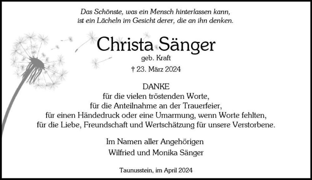  Traueranzeige für Christa Sänger vom 27.04.2024 aus Wiesbadener Kurier