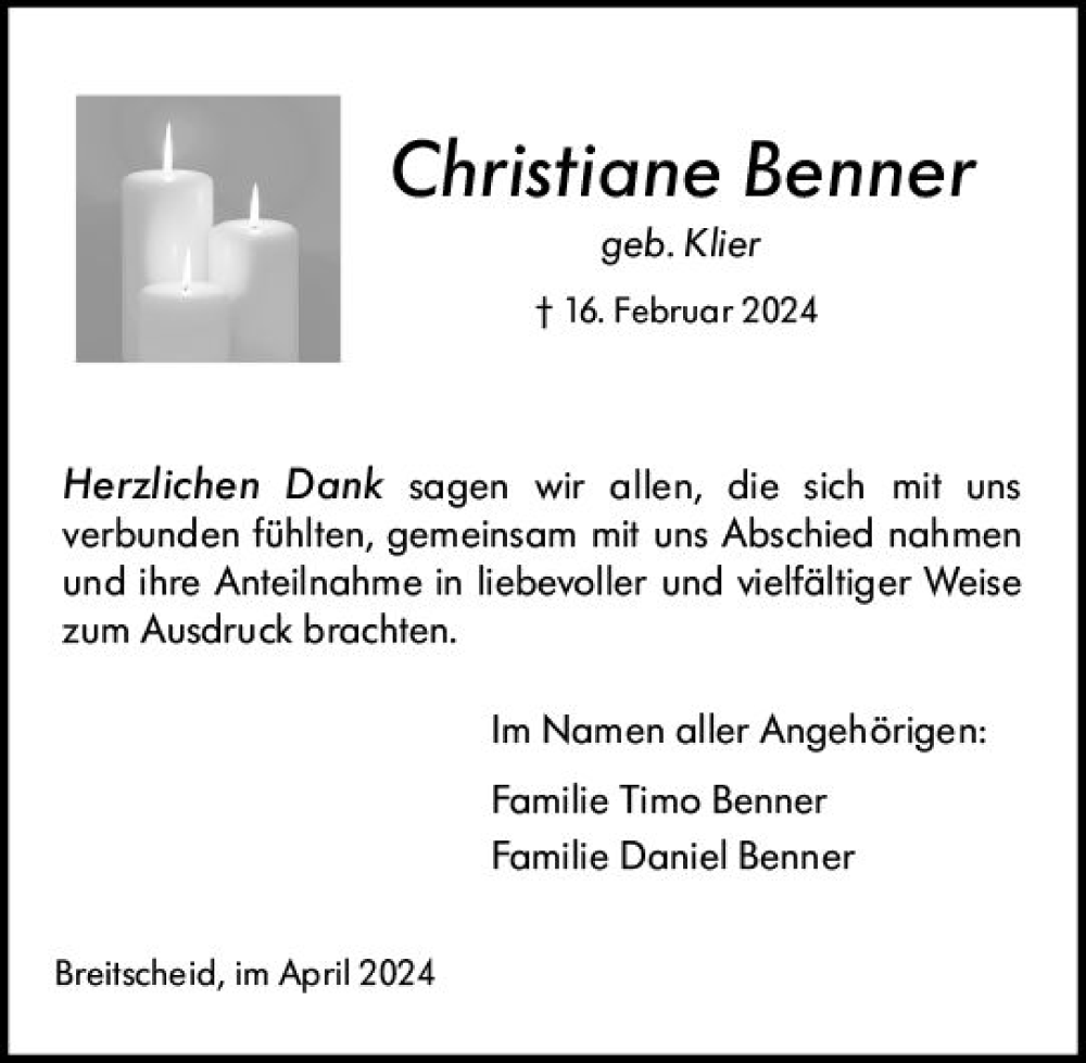  Traueranzeige für Christiane Benner vom 03.04.2024 aus Dill Block