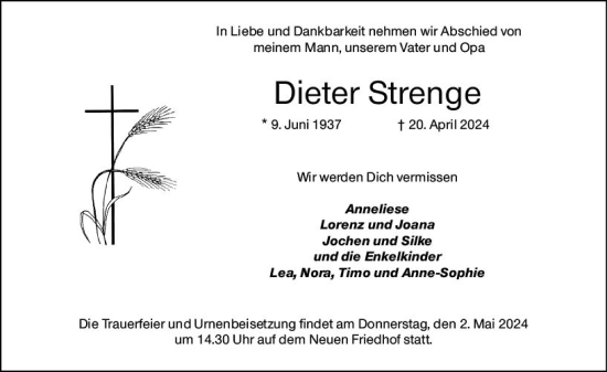 Traueranzeige von Dieter Strenge von Hochheimer Zeitung