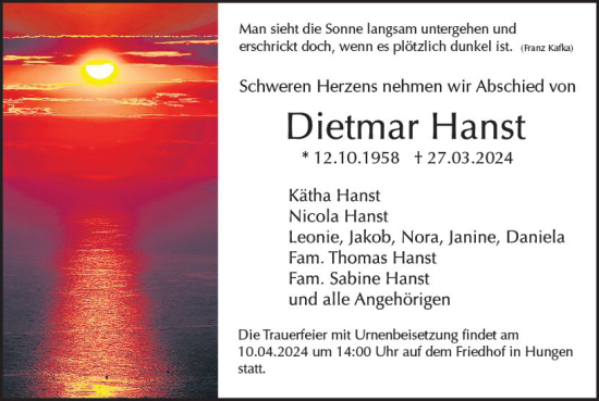 Traueranzeige von Dietmar Hanst von Odenwälder Echo