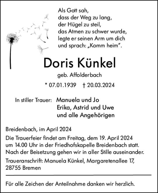 Traueranzeige von Doris Künkel von Hinterländer Anzeiger