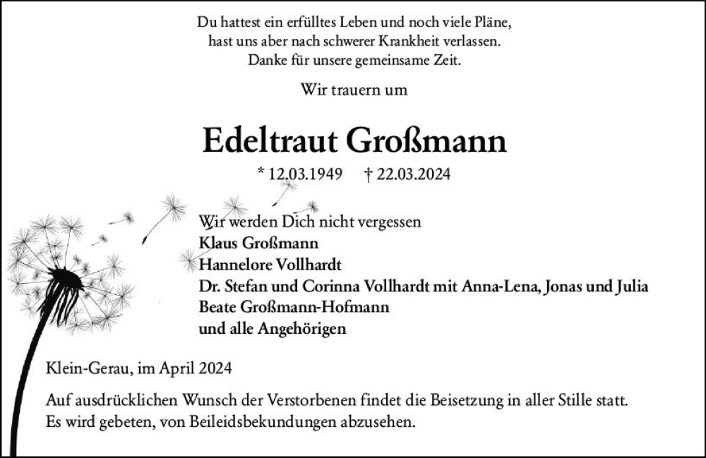  Traueranzeige für Edeltraut Großmann vom 06.04.2024 aus Groß-Gerauer Echo