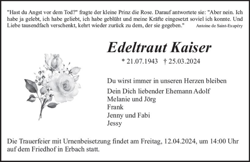 Traueranzeige für Edeltraut Kaiser vom 06.04.2024 aus Odenwälder Echo