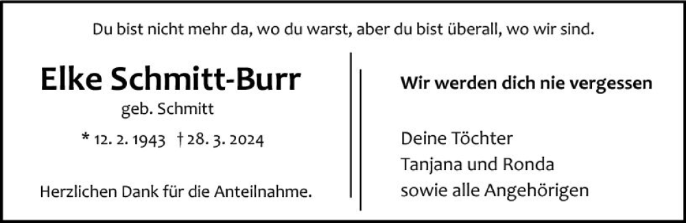  Traueranzeige für Elke Schmitt-Burr vom 27.04.2024 aus Wetzlarer Neue Zeitung
