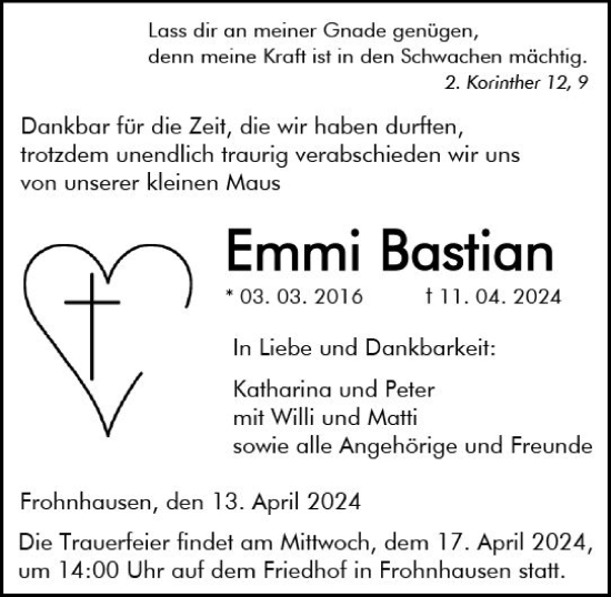 Traueranzeige von Emmi Bastian von Dill Block