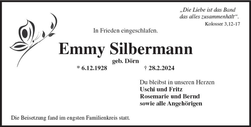  Traueranzeige für Emmy Silbermann vom 06.04.2024 aus Wiesbadener Kurier