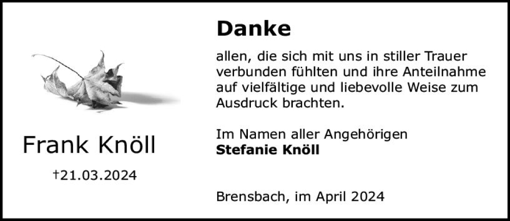  Traueranzeige für Frank Knöll vom 27.04.2024 aus Odenwälder Echo