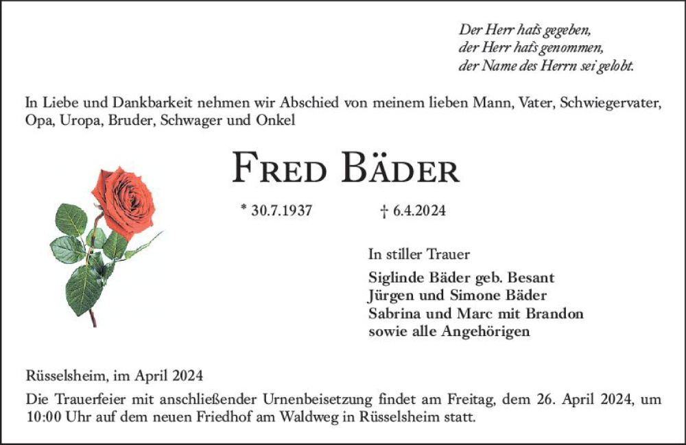  Traueranzeige für Fred Bäder vom 13.04.2024 aus Rüsselsheimer Echo